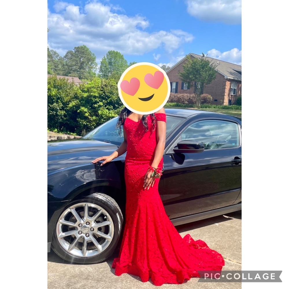 Red lace detail and low backing prom or pageant dress